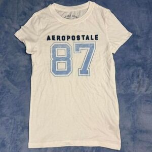 Aeropostale white graphic tee with blue accents women Size M